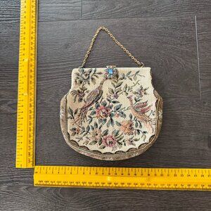 vintage needle point tapestry birds purse with mirror
